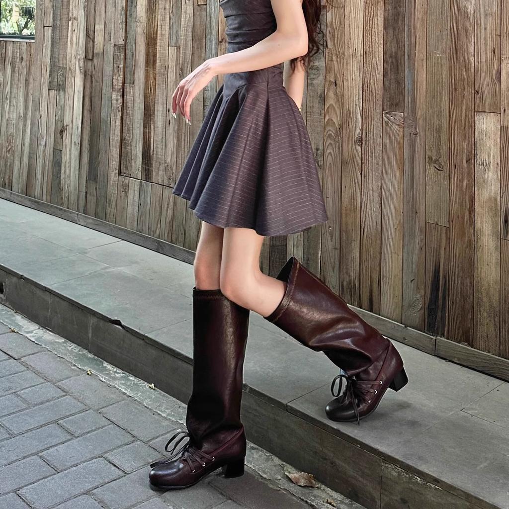 Retro strap niche design pants boots thick heel thick-soled boots women's knee pointed high knight boots