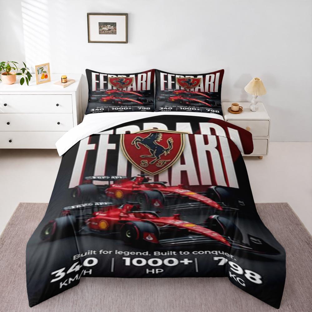 3 Piece Bedding Set with Duvet Cover and 2 Pillowcases - Ferrari Prancing Horse Two Red Cars Stats Print - Motorsport Decor