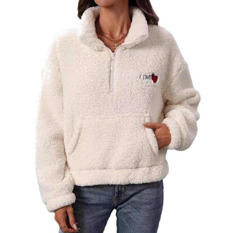 Warmes flauschiges Damen-Fleece-Oversize-Sweatshirt Winter Sherpa Pullover Langarm Viertelreißverschluss mit Tasche Bequem Lässig