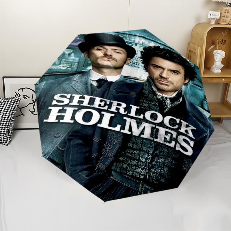 Sherlock Holmes Thema Automatischer Regenschirm, Leicht & Tragbar, 8 Speichen, Perfekt für Reisen im Freien, Geburtstage, Weihnachten, Geschenke.