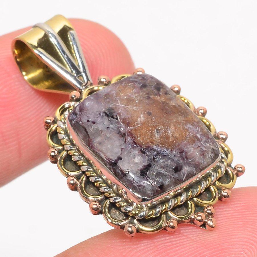 Natural Russian Charoite Two Tone 925 Solid Sterling Silver Pendant 1.50'' Y4L34