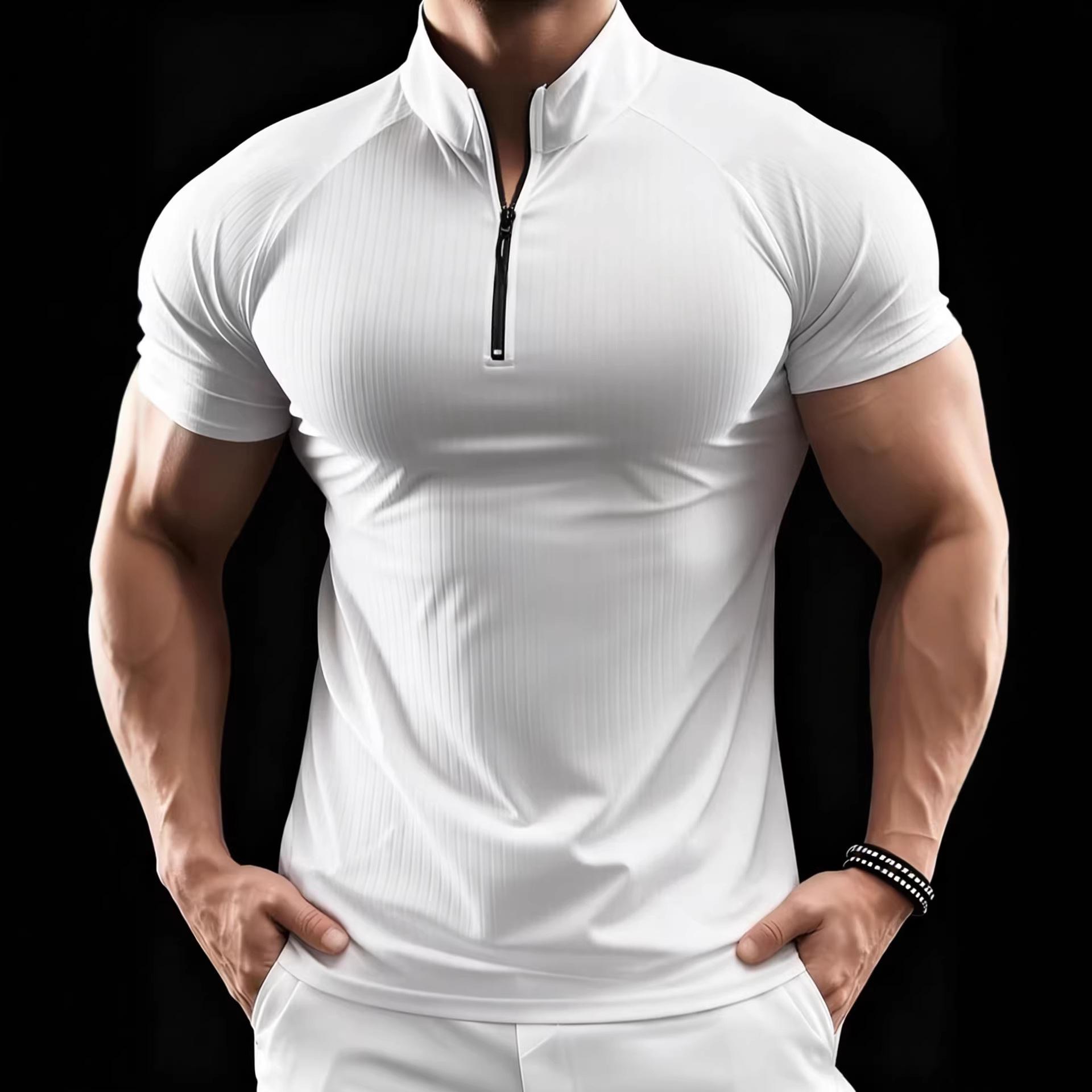Men European Size Slim Fit Summer Half Zip Short Sleeve Ribbed Polo Shirt S белый