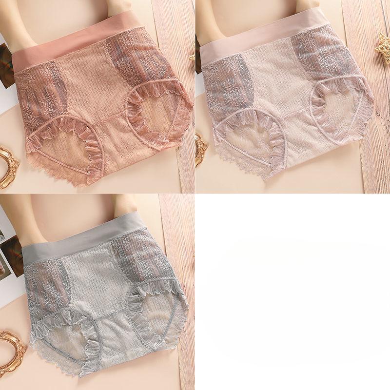 3pcs Women's Plus-Size High-Waisted Lace Tummy Control Pants Thin Sexy Breathable Abdomen-Slimming Butt Lifting Silk-Infused Triangle Panties