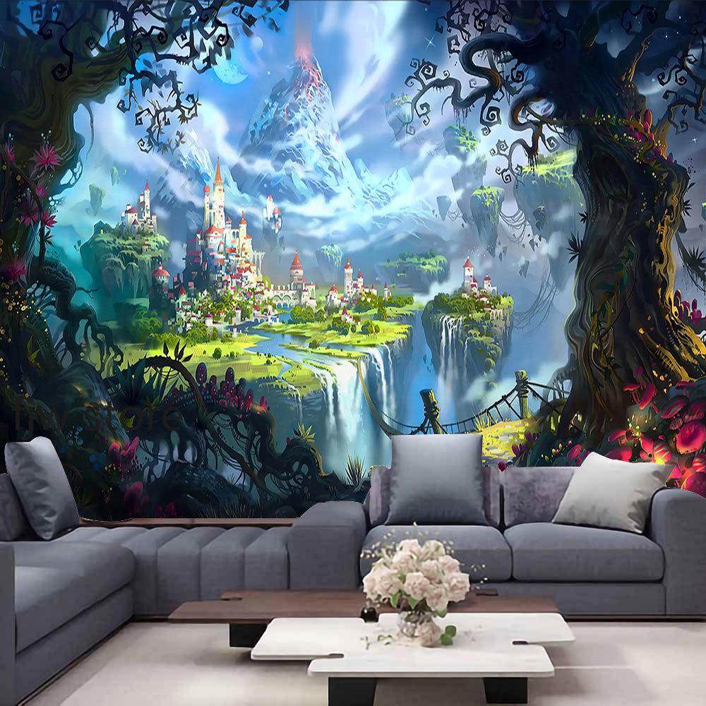 Home Decor Forest Night Ceiling Forest Tapestry Wall Hanging Psychedelic Tree and Moon Fabric Tapestry Tapiz
