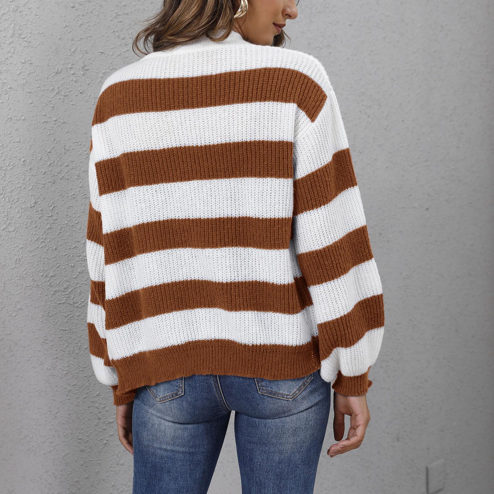 Женская повседневная модная удобная новая контрастная полосатая тканая куртка-свитер — фото 5