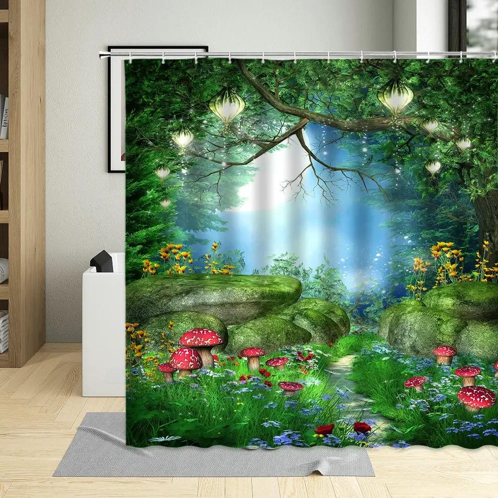 Fantasy Fairy Tale World Shower Curtain Vine Door Green Forest Mushroom Animal Bathroom Decor Polyester Bath Curtains With Hooks