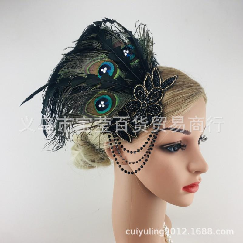 Halloween Peacock Feather Hair Clip With Rhinestones Tassel Headband Women Costume Party Wedding Photoshoot 1920s Flapper