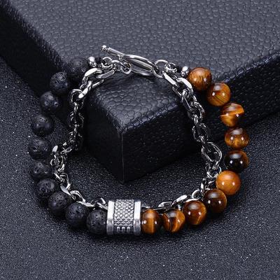 Herren Natur Tigerauge Stein & Edelstahl Kettenarmband