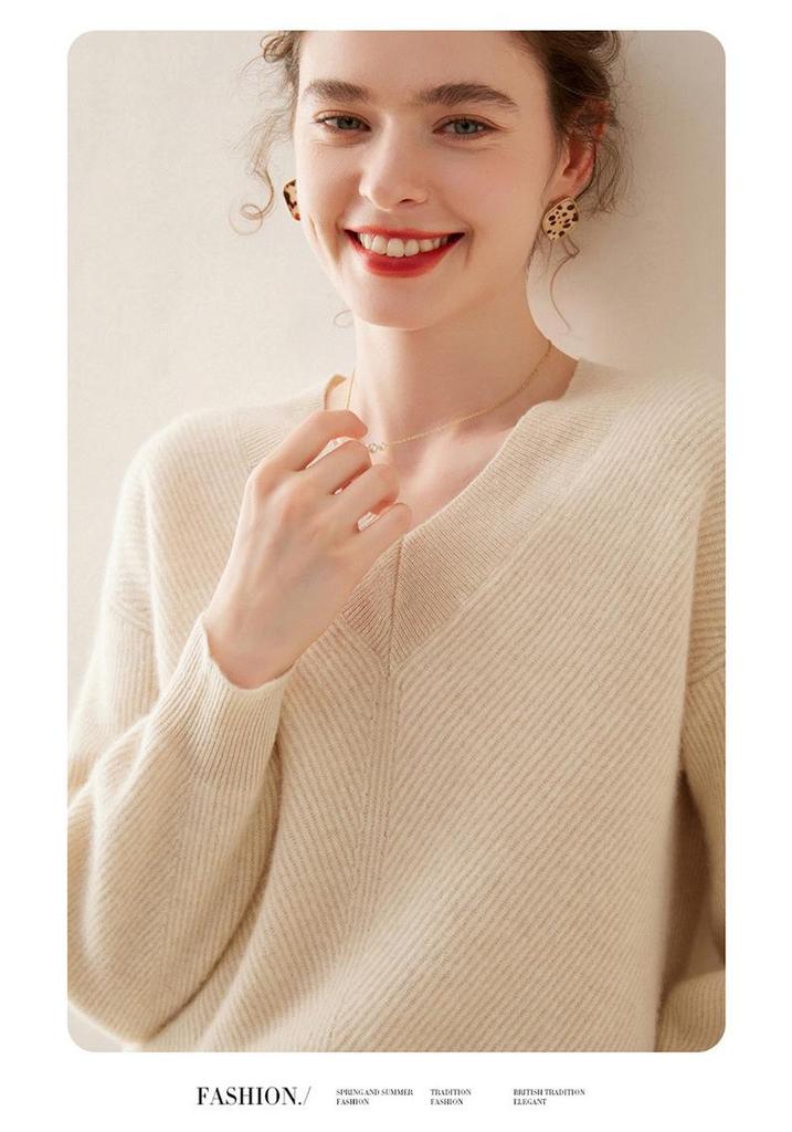 Women's V-neck Pure Cashmere Ribbed Stitch Loose Sweater - Autumn/Winter Thick, Skin-friendly Base Layer