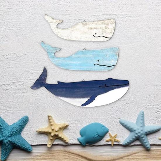 3 Pcs Wood Nautical Wall Decor Rustic Coastal Theme Whale Shark Wall Art Vintage Sea Animal Hanging Ornament for Living Room Bedroom