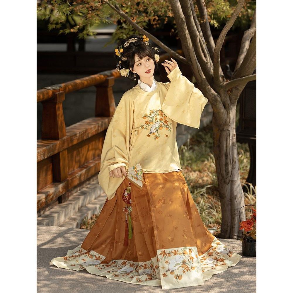 Chinesischer Ming-Dynastie-Stil Hanfu Rundhalsrobe Pipa-Ärmel Pferdegesicht-Rock Anzug für Frauen