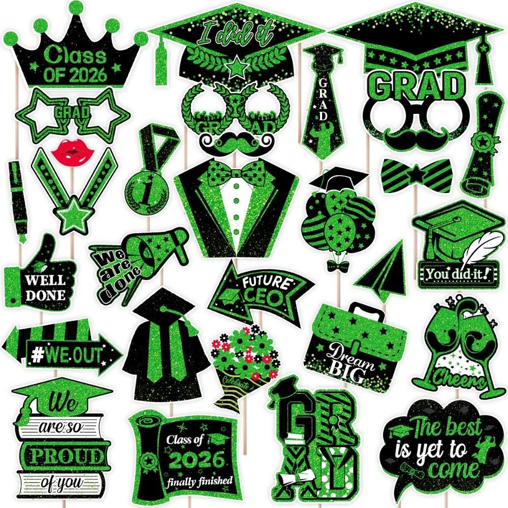 30Pcs/Set Black Golden 2026 Graduation Photo Booth Props With Sticks Pose Sign 2026 Graduation Decorations DIY Dress Up