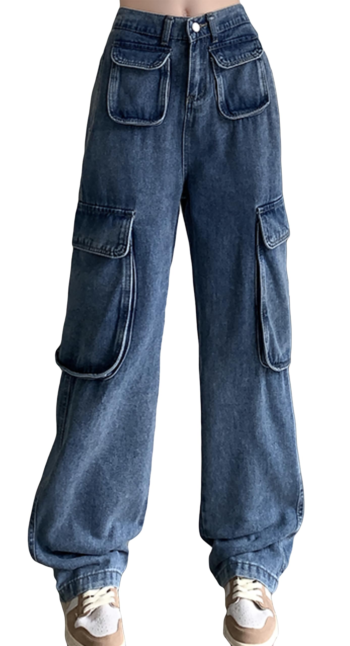 

MMTYRM Women s Denim Long Pants, Loose Fit, Wide Leg Pants, Stretch, Distressed Jeans, Straight Leg Pants, Blue, XL