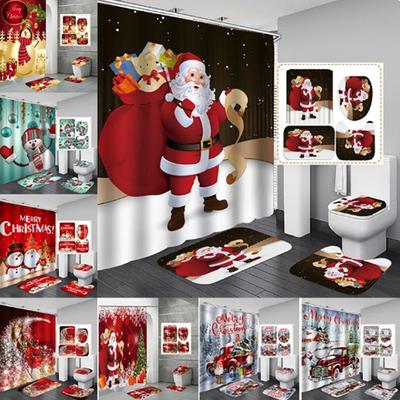 Frohe Weihnachten Badezimmer 4-teiliges Set Schneemann Weihnachtsmann Muster Wasserdichter Duschvorhang Toilettenbezug Matte Rutschfester Teppich Home Decor