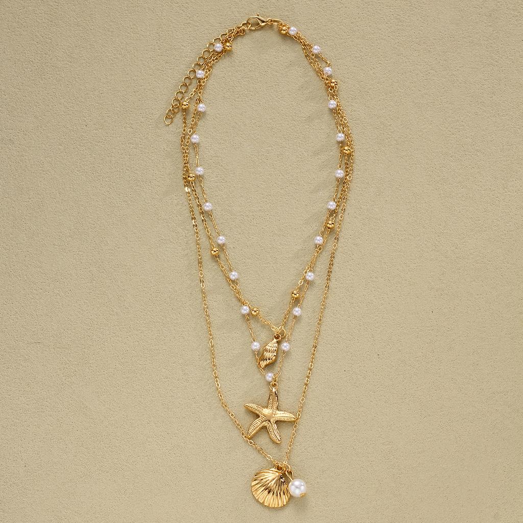 3pcs Bohemian Minimalist Starfish Shell Pendant Necklace Set for Women Rice Beads Metal Chain Choker Beach Vacation Jewelry Gift