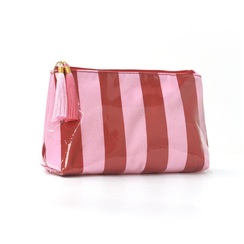 Pvc Striped Cosmetic Bag Makeup Bag With Fringe And Zipper Waterproof Travel Toiletry Bag Makeup Brush Case