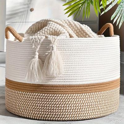 Cesto de armazenamento tecido tamanho king Sala de estar cesto de corda de algodão para mantas Cesto de roupa suja de vime doméstico Cesto de armazenamento