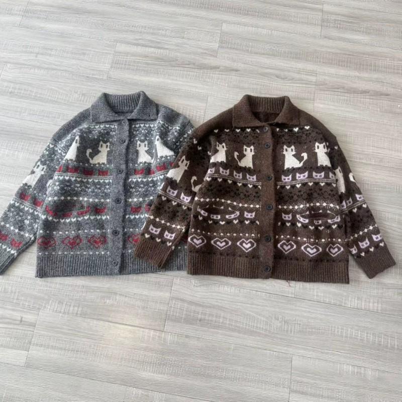 Unisex Retro Dzianinowy Kardigan Fair Isle z Kołnierzem Oversize Luźny Sweter z Mieszanki Wełny