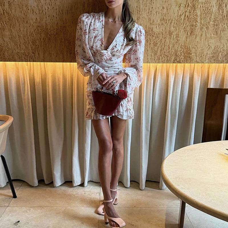 Spring 2026 New Cross-border European and American Foreign Trade Women's Clothing, French Sweet Floral Lotus Leaf Slim Dress