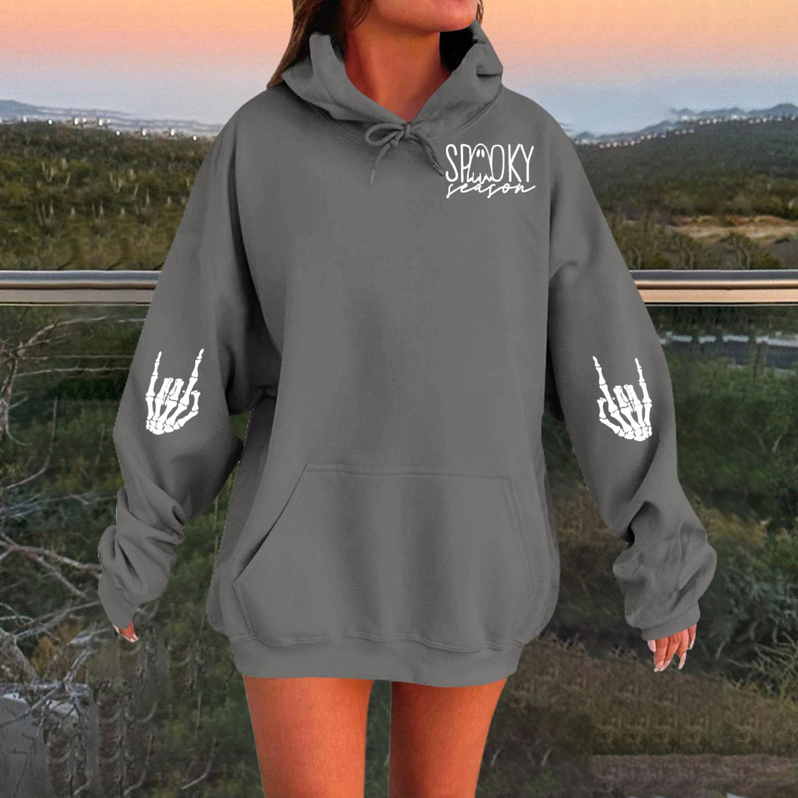 

Women s Solid Color Long Sleeve Casual Halloween Print Pullover Hooded Sweatshirt XL