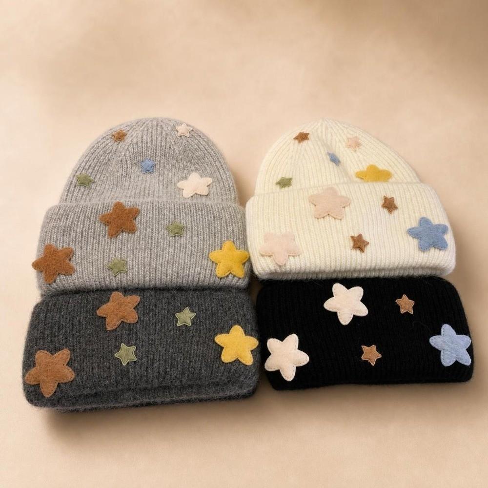 Acrylic Blend Knitted Beanie Hat 3D Star Wool Knit Cap Soft Winter Skull Cap  Cold Weather