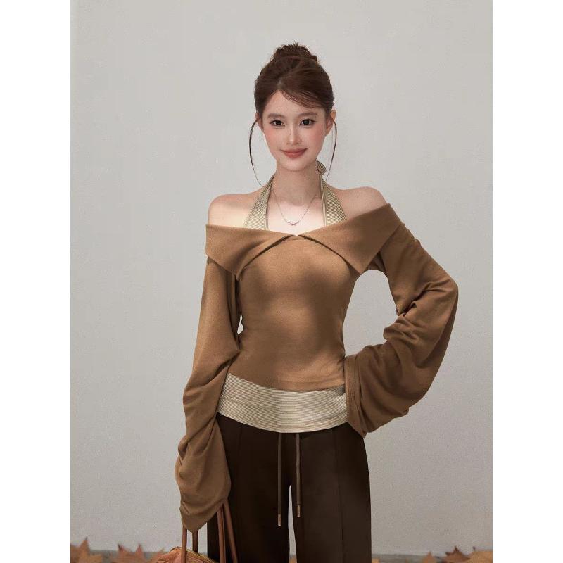

One Shoulder Slim Long Sleeved T-shirt Women s Autumn Design Cinched Waist and Versatile Short Top S