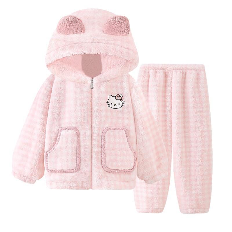Girls Winter Warm Coral Fleece Hooded Pajama Set With Cat Print Thick Flannel Sleepwear Ages 8