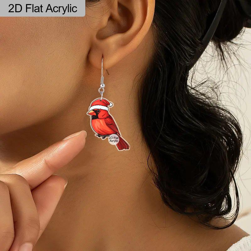 2D Flat 1Pair Christmas Cartoon Christmas Hat Bird Double-sided Pattern Earrings Jewelry Gift for Women Female
