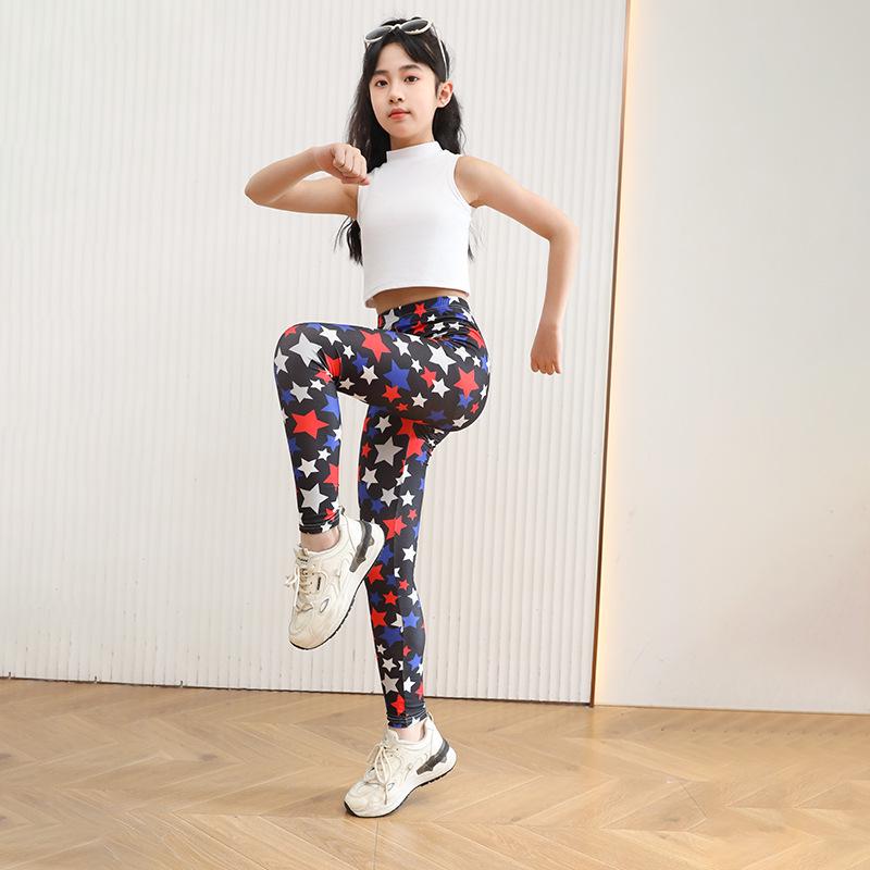 Dívčí legíny z mléčného hedvábí s potiskem - Jarní/letní tenké, elastické kalhoty slim fit pro děti