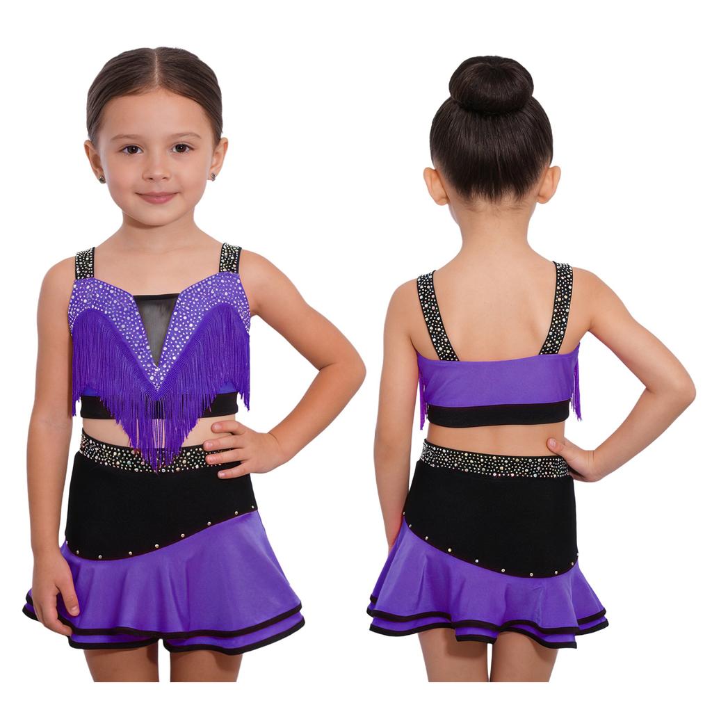 Kinder Mädchen Farbblock Latin Dance Crop Top Breite Schulterträger Quasten Strasssteine mit elastischem Bund Rock für Tango Rumba Gesellschaftstanz Performance