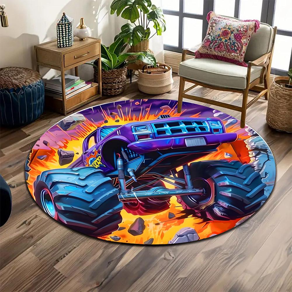 """Lila Monster-Truck-Explosionsszene" Druck runder Teppich, Wohnzimmer, Schlafzimmer, Spielzimmer Teppich, rutschfeste Bodenmatte, Geschenk"""