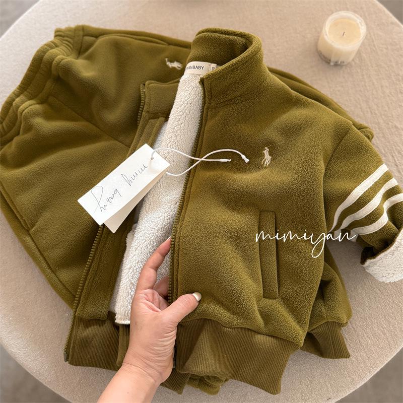 Jachetă caldă de pluș pentru copii 2024 și costum din două piese din lână la modă pentru băieți și fete