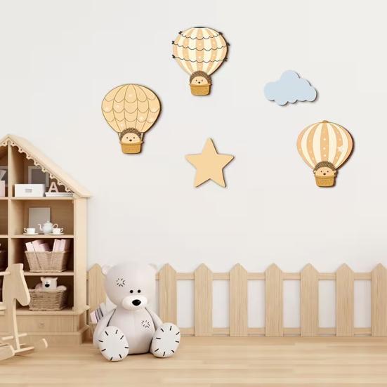 5 Pcs Hot Air Balloon Wall Decor with Cloud And Star Boho Wooden Nursery Wall Art Cartoon Hedgehog Hanging Sign for Kid's Room Playroom