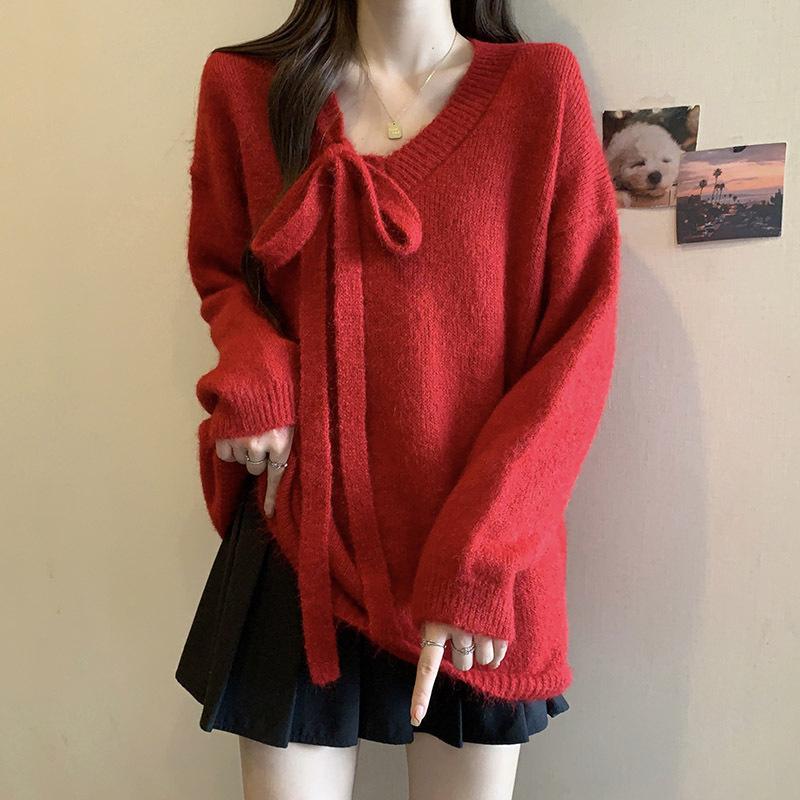 

Свитер вязаный свитер женский осень и зима новый большой размер воротник свободный ленивый мягкий восковой универсальный пуловер красный женский топ One size красный