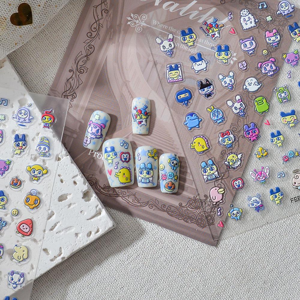 Japanese Retro Tamagotchi 3D Nail Art & Device Stickers - Cute Cartoon Embossed Decals