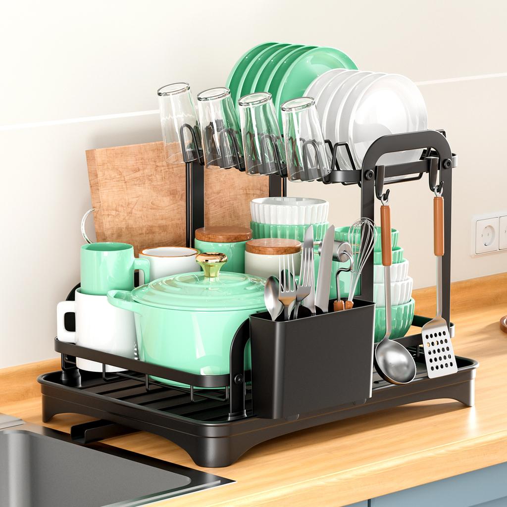 Kitchen Dish Drainer & Cutlery Organizer Rack, Utensil Holder & Drying Basket for Sink, Plate Storage Shelf above Wash Basin