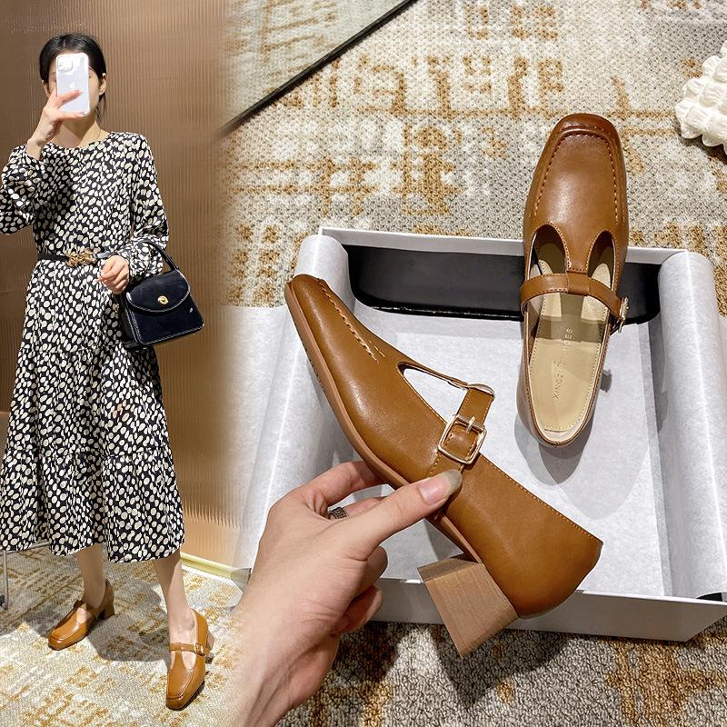 Fashion Cowhide Black High Heels Square Toe Mary Jane Shoes Leather Non-slip T-belt Buckle Korean Version Retro Old-fashioned
