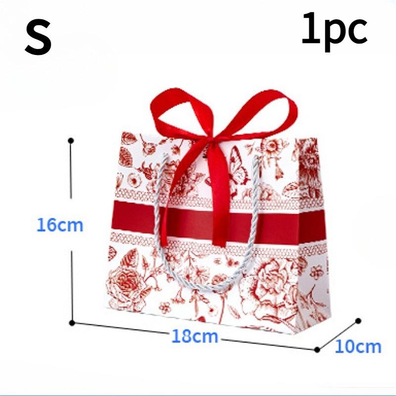 1pc Red Vintage Floral Handheld Gift Bag-with Red Satin Ribbon Bow,Large Capacity Durable Storage Bag,Shopping Bag,bridal gifts as shown