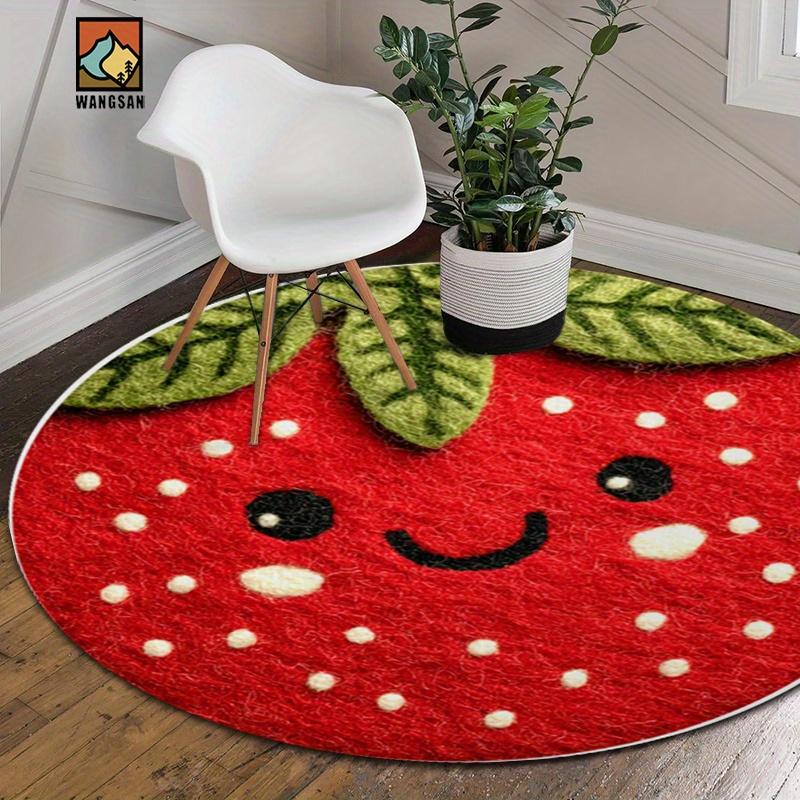 Strawberry Smile Round Rug Flannel Red Green Cute Fruit Design Bathroom Kitchen Entryway Non Slip Soft Floor Mat Kids Gift