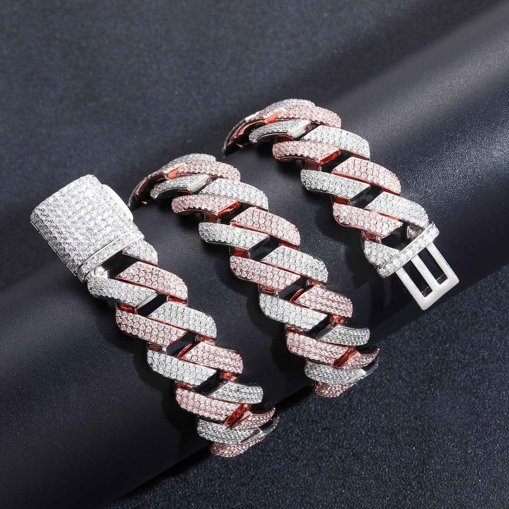 BES Hip Hop Jewelry 20mm Heavy Chunky Miami Cuban Link Chain Bracelet Iced Out CZ Two Tone Prong Cuban Link Bracelet for Men