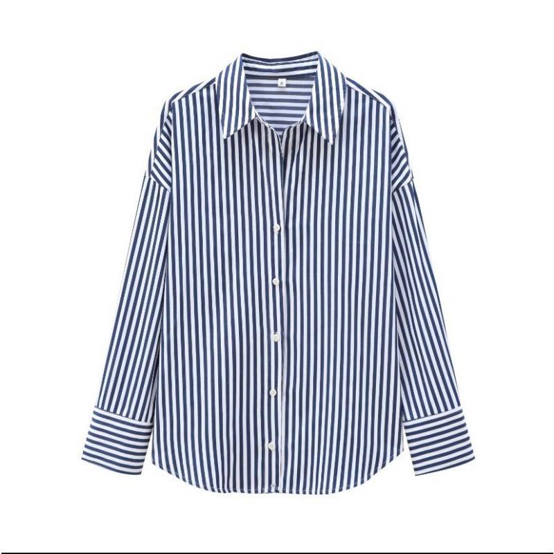 Women S Loose Fit Long Sleeve Collared Striped Casual Shirt