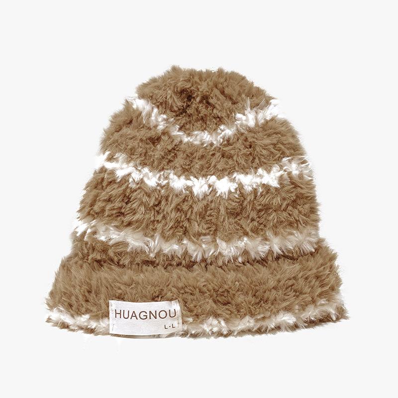 New Hat for Women Korean Style Stripes Showing Face Small Fluffy Warm Wool Hat Big Head Around Ear Protection Pile Hat Men's Trendy