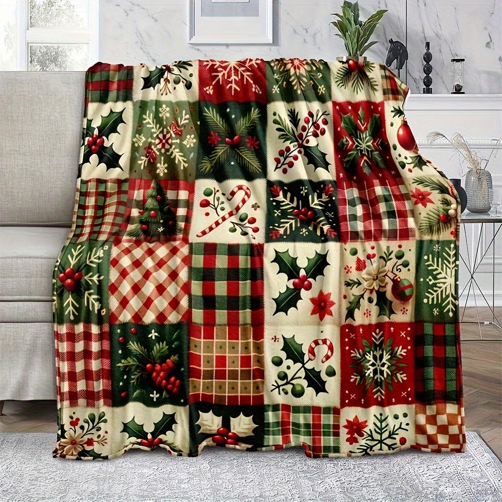 Coperta in Pile Natalizia Coperta in Pile Patchwork Gioia Natalizia - Accogliente Design Festivo Rosso e Verde, Morbido Flanella di Velluto in Poliestere