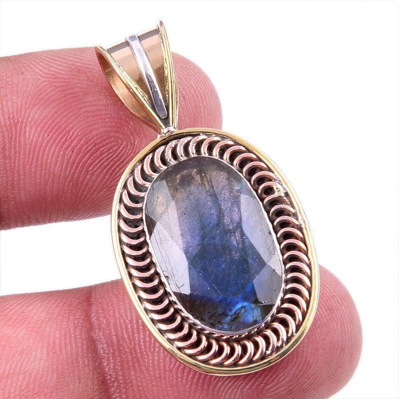 

Natural Labradorite 925 Solid Sterling Silver Jewelry TwoTone Pendant 1.50 D8J73