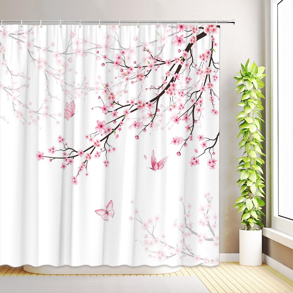 Cherry Blossom Sun Shower Curtain Watercolor Floral Plant Koi Fish Butterfly Peacock Nature Scenery Bathroom Decor with Hooks