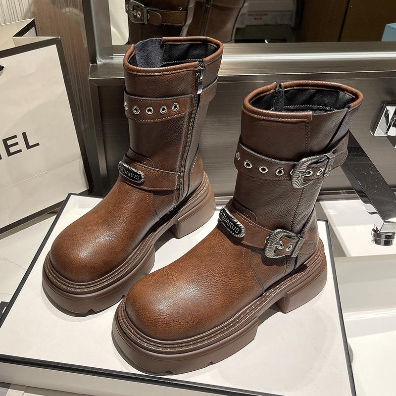 Belt buckle tooling boots Western cowboy boots Coarse heel short boots Women's 2025 new autumn and winter thin boots Medium boots