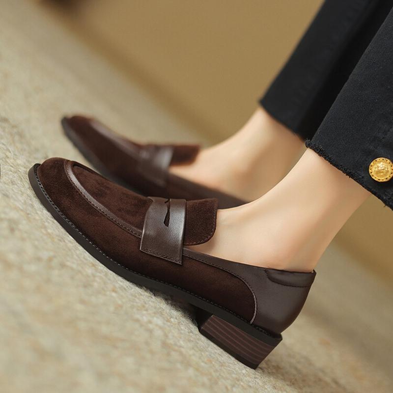 Fashion NEW Spring/Autumn Women Loafers Round Toe Chunky Heel Shoes Sheep Suede Leather Shoes for Women Slip-on Plus Size Women Pumps