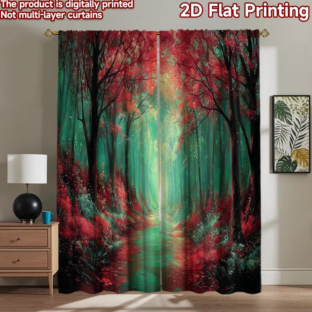 2D Flat Printing 2pcs Curtain Enchanted Forest Path Sunlight Digital Printed Polyester Drapes Festive Wall Decor Use for Photo