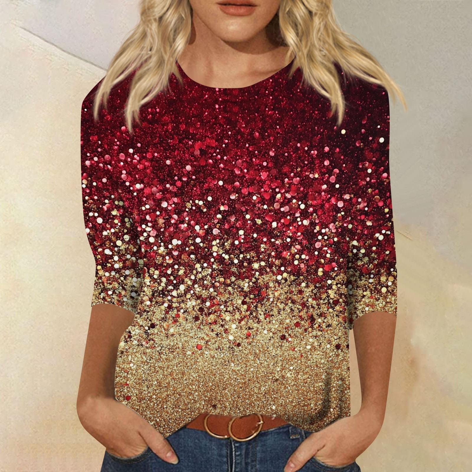 

Женская мода повседневная рубашка с круглым вырезом и рождественским принтом, семь рукавов XXXL красный