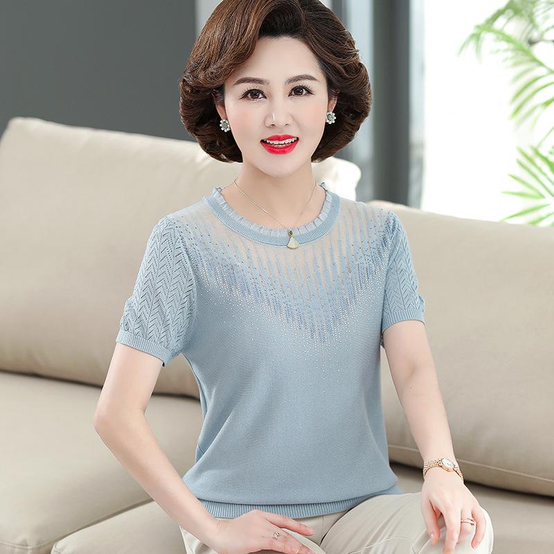 

Mom s Ice Silk Short-Sleeve T-Shirt for 50+ Women - Loose Knit Plus Size Summer Top 2XL (110-120 lbs) синій